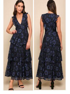 Molinetto Navy Blue Lace Ruffled Tiered Sleeveless Maxi Dress Size XL NWOT